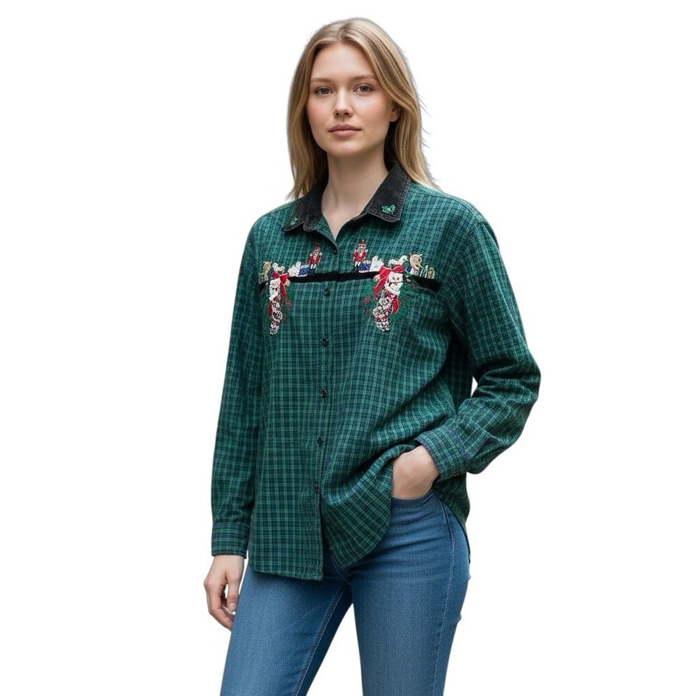 Vintage Faded Glory Christmas plaid Button Up Size 14W Embroidered Velvet Collar
